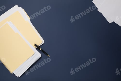 Preview: File folders with papers and pen on dark blue background, flat lay. Space for text
