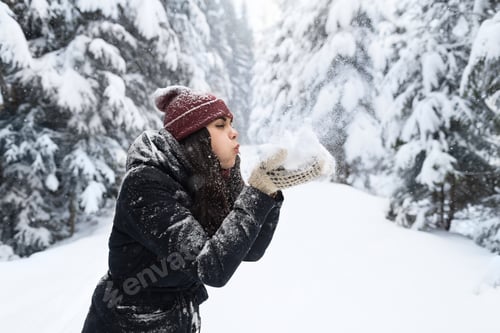 Preview: Young Beautiful Woman Blow Snow Hands In Winter Forest Girl Outdoors Walking Snowy White Park