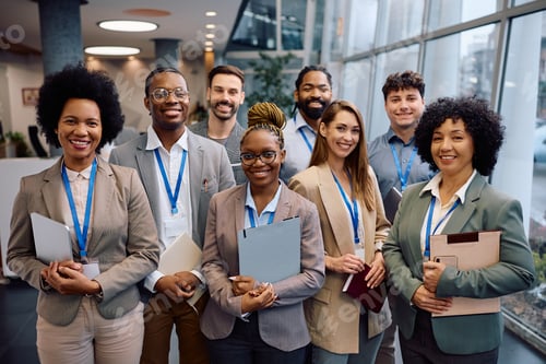 Preview: Large group of happy entrepreneurs attending a business conference and looking at camera.