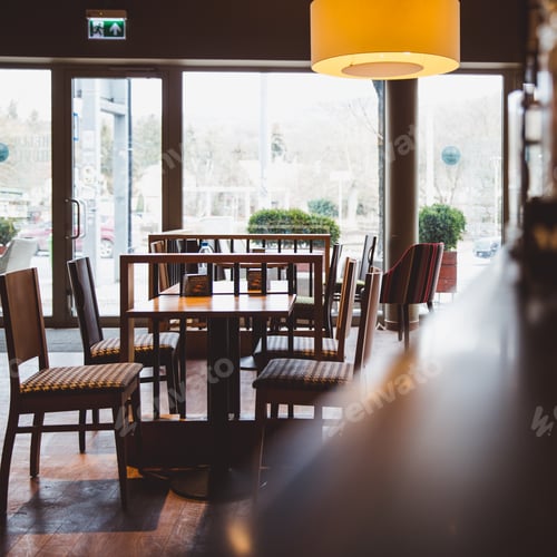 Preview: Modern cafe interior in wooden style in sunlight