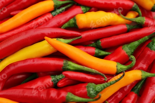 Preview: Yellow and red hot chili peppers as background, closeup