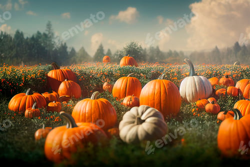 Preview: Idyllic autumn scene with field of pumpkins in grass on sunny sky.