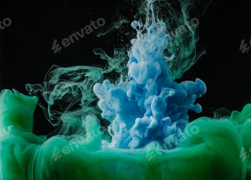 Preview: close-up view of abstract green and blue flowing ink on black background