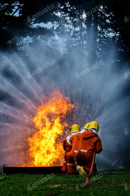 Preview: Firefighter Concept. Fireman using water and extinguisher to fighting with fire flame.