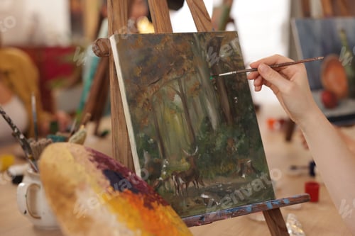 Preview: Woman learning to draw at table in class, closeup