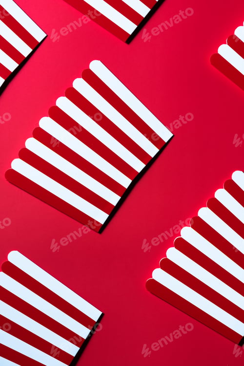 Preview: Striped Popcorn Empty Boxes Flat Lay Modern Art. Cinema and Entertainment Background