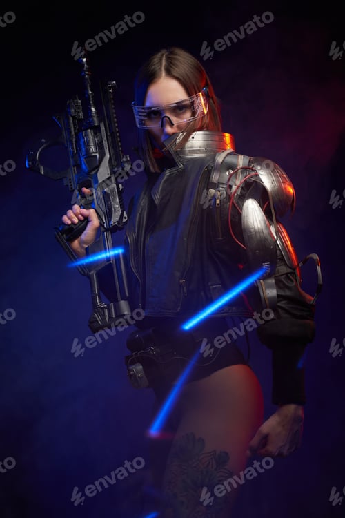 Preview: Futuristic female agent armed with rifle posing in dark background