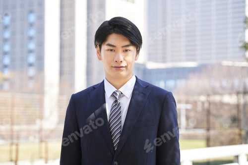 Preview: A Japanese male businessman standing in the background of a building.