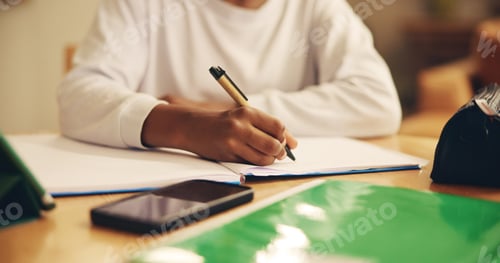 Preview: Hands, education and child with notebook, writing and preparing for exam, growth and development fo