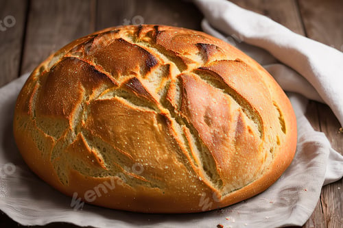 Preview: Sourdough bread with crispy crust on wooden shelf. bakery products
