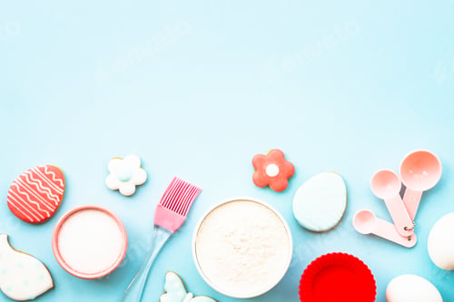 Preview: Easter baking background at blue flat lay.