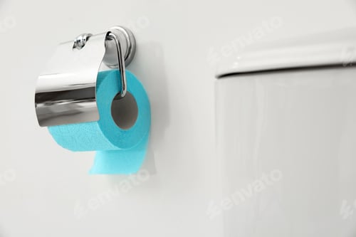 Preview: Holder with toilet paper roll on white wall in bathroom. Space for text