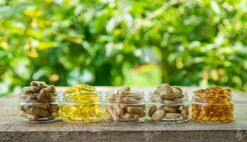 Preview: Supplements and vitamins with medicinal herbs. Selective focus.