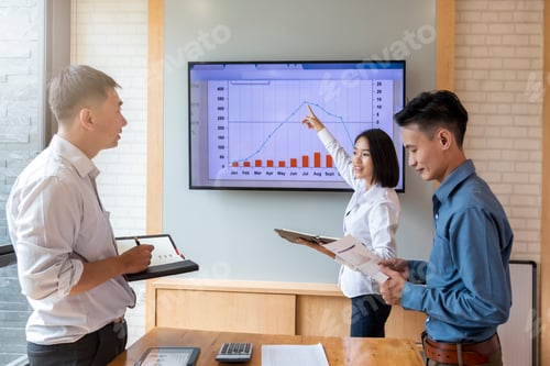 Preview: Businesswoman gives report or presentation to her business colleagues in the conference room.
