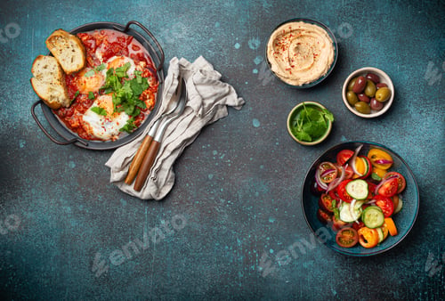 Preview: Middle Eastern breakfast or brunch with Shakshouka, toasts, vegetables salad, hummus, olives copy
