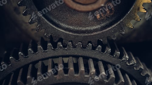 Preview: Close-up old industrial gear wheels., industry parts concept.