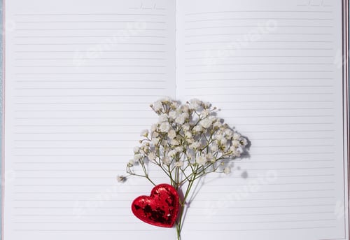 Preview: Empty white sheet of paper and gypsophila flowers on a pink background, space for an inscription