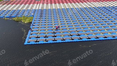 Preview: Floating solar panels providing renewable energy. Aerial view floating on solar cells