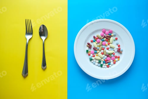 Preview: An artistic setup shows elegant dinnerware with colorful pills on a lively background