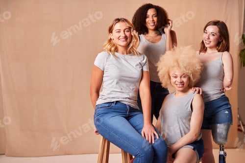 Preview: Group Of Diverse Casually Dressed Women Friends One With Prosthetic Limb Promoting Body Positivity