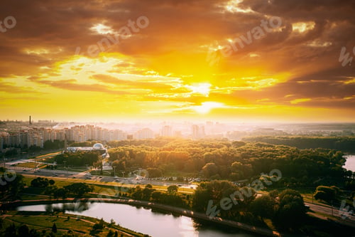 Preview: Minsk, Belarus. Top view, cityscape of Summer season, sunset time. Nyamiha district. War Museum