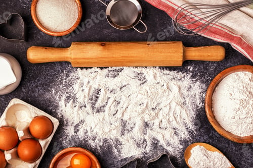 Preview: Ingredients for baking - flour, wooden spoon, rolling pin, eggs
