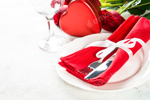 Preview: Valentines day table setting with plate, roses and present.