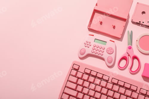 Preview: Keyboard, calculator, cassette and scissors on pink background, space for text