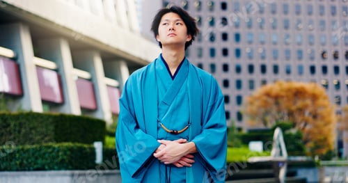 Preview: Kimono, fashion and thinking with Japanese man in city for Shinto ceremony, culture and vision. Res