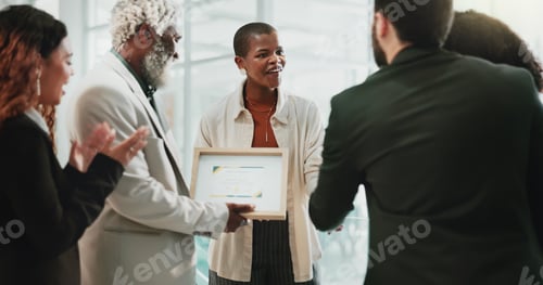 Preview: Business people, applause and celebration in office for certificate, achievement and development. T