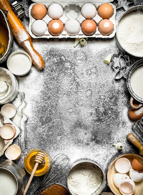 Preview: Baking background.Frame from a variety of ingredients for baking.