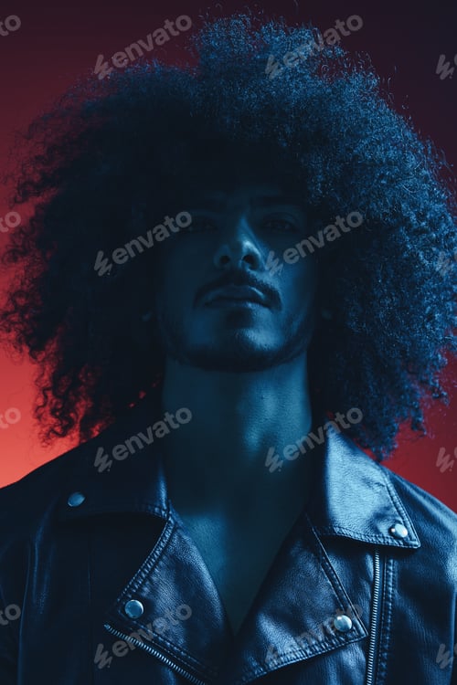 Preview: Portrait of fashion man with curly hair on red background multinational, colored light, black