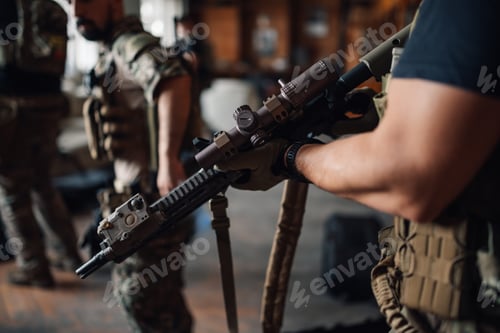 Preview: Close up of airsoft fighter's hands holding a sniper rifle indoors.