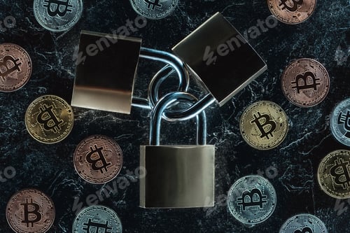 Preview: top view of arranged locks and various bitcoins on dark marble surface
