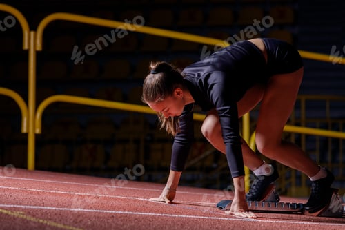 Preview: Young sportswoman at the starting blocks before running sprint