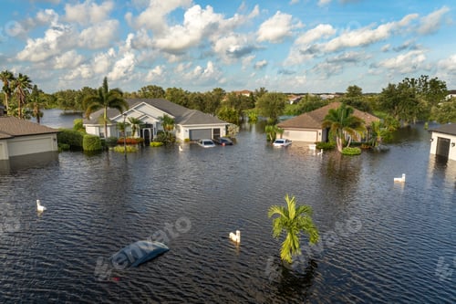 Preview: Flooded Florida street with stuck car after hurricane Debby rainfall surrounded with water
