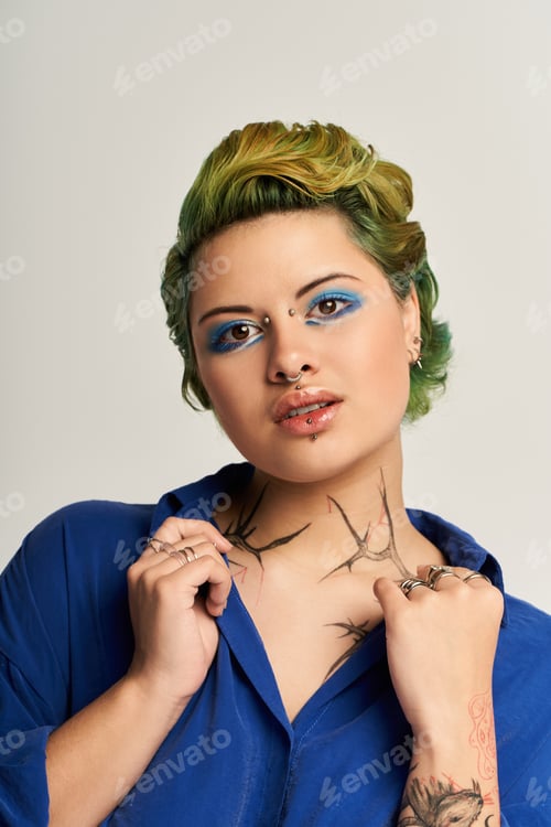 Preview: Captivating young woman embodies vibrant fashion and artistic expression with colorful makeup