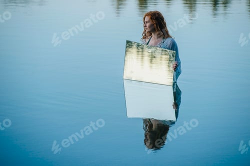 Preview: Young woman standing in lake, holding mirror, water ripples reflecting in mirror