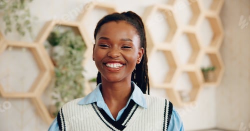 Preview: Black woman, confident and concierge with smile for hotel service, accommodation and portrait at re