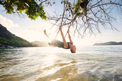 Preview: Beautiful sunny day on beach. Happy man on swing enjoying holiday in Seychelles.