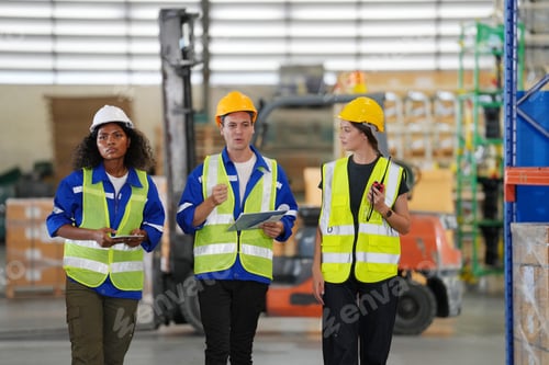 Preview: Young warehouse workers working together. Business distribution supply and logistic shipment.