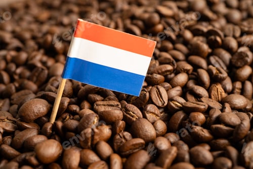 Preview: Netherlands flag on coffee bean, import export trade online commerce concept.