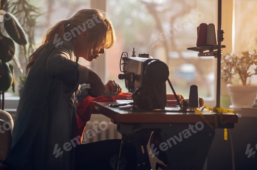 Preview: Tailor woman sitting and sewing on a sewing machine a in studio