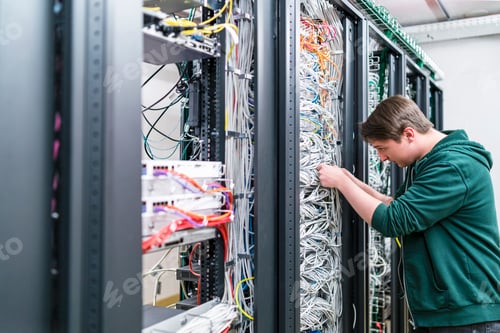 Preview: Teenager working with cables in server room