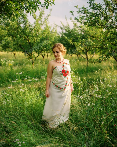 Preview: Young girl at ukrainian national dress posed at spring garden.