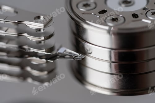 Preview: Opened hard disk after disassembly during repair or service, macro shot. Computer laptop HDD inside.