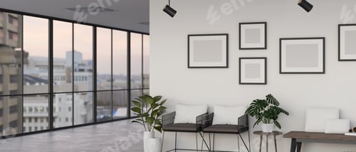 Preview: Relaxing area or waiting area in the building corridor interior design with modern armchairs