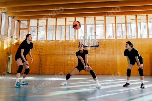 Preview: An interracial volleyball team in action practicing volleyball on court.