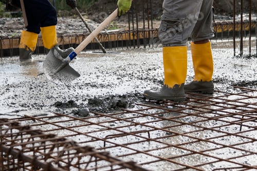 Preview: two bricklayers who level the freshly poured concrete to lay the foundations of a building