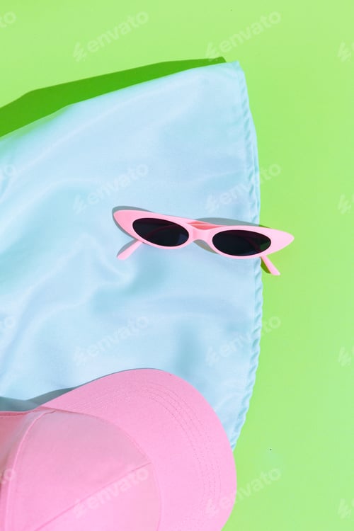 Preview: Clothing flat lay summer outfit fashion concept. Pastel colours trends aesthetics